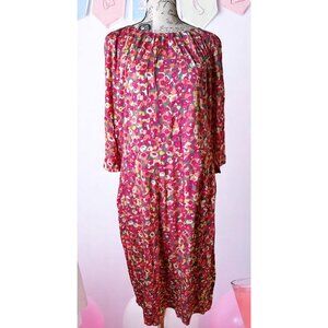 Boden 14 Large Pink Orange Gray Flower Dress Long Sleeve Rouched Neckline Modest
